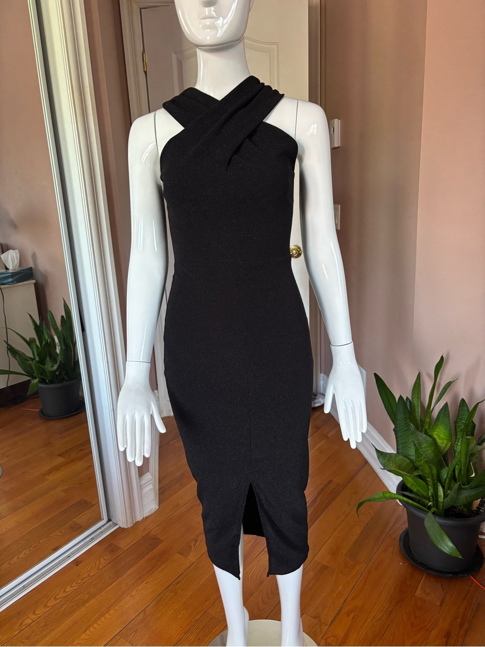 Cross-Neck Black Midi Dress
